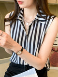 huidianyin and White Striped Woman Shirts Summer Tank Top Blouse for Women Sleeveless Blouses Chiffon Ladies Tops OL Female Clothing