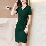 huidianyin Fashion Woman Elegant Midi Dress Summer Short Sleeve V-Neck Fashion Office Lady Slim Solid All-match Casual Tunics Robe