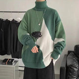 Huidianyin style high neck sweater Men's and women's patchwork color pullover Fashion warm loose sweater in autumn and winter