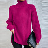 Huidianyin Winter New Knitted Split Sweaters Loose Solid Color Casual High Collar Long Sleeve Pullover Elegant Fashion Women Sweater