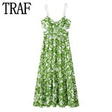 Huidianyin 2023 Cut Out Slip Long Dress Women Summer Green Floral Dress Woman Pleated Backless Sexy Party Dresses Beach Holiday Dress