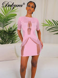 Huidianyin 2023 Summer Women Knitted Sexy Y2K Clothes Short Sleeve Hollow Out See Through Bodycon Mini Dress Outfits Club Party