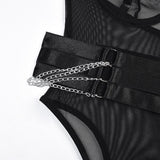 Huidianyin Sexy Bodysuit Lingerie Sheer Lace Body With Chain Fetish Tight Fitting Top Mesh One Piece Tulle Night Club Outfit