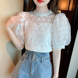 huidianyin Blouse Women Sweet Stand Collar Elegant Korean Shirt Summer Puff Short Sleeve Tops Flower Crochet Ladies Blusas Mujer 27168