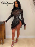 Huidianyin Autumn Beading Feather Sexy Y2K Clothes Long Sleeve Bodycon Mini Dresses For Women 2023 Outfits Club Party Birthday