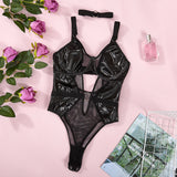 Huidianyin Latex Bodysuit WIth Collar Mesh Patchwork See Through Lingerie Body Silicone Leather Open Crotch Top Black Naked Teddy