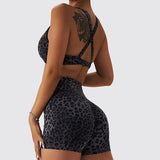 Huidianyin Leopard Print Women's Tracksuit Yoga Set Shorts Seamless High Waist Fitness Workout Tight Sportswear Outfit Gym Clothes