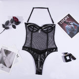 Huidianyin Sensual Fishnet Bodysuit Women Lace Exotic Costumes Sexy Hollow Out Halter Bodycon Hot Lingerie Sissy Zipper Body