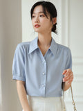 huidianyin Women Shirts V-neck Short Puff Sleeve Chiffon Thin Shirt 2023 Summer Loose Button Women Tops Blouses Solid Woman Clothes