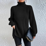 Huidianyin Winter New Knitted Split Sweaters Loose Solid Color Casual High Collar Long Sleeve Pullover Elegant Fashion Women Sweater