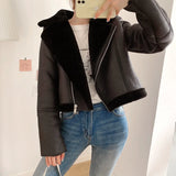 Huidianyin Women Thick Warm Parka Sheepskin Fur Faux Leather Jacket Autumn Winter Female Zipper Moto Biker Coat Outwear Tops