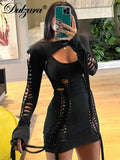 Huidianyin Autumn Bandage Ruched Neon Y2K Clothes Hollow Out 2 Pieces Long Sleeve Backless Bodycon Mini Dresses For Women 2023 Club