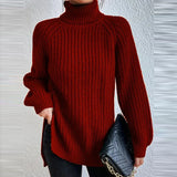 Huidianyin Winter New Knitted Split Sweaters Loose Solid Color Casual High Collar Long Sleeve Pullover Elegant Fashion Women Sweater