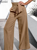 Huidianyin Women Wide Leg Pants ZANZEA 2023 Summer Office Lady Belted Pants Casual Loose Zipper Bottoms Ladies Oversized Pantalon