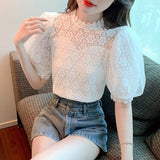 huidianyin Blouse Women Sweet Stand Collar Elegant Korean Shirt Summer Puff Short Sleeve Tops Flower Crochet Ladies Blusas Mujer 27168