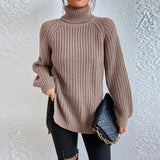 Huidianyin Winter New Knitted Split Sweaters Loose Solid Color Casual High Collar Long Sleeve Pullover Elegant Fashion Women Sweater