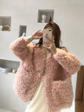 Huidianyin Loose Sheepskin Fur Jacket Winter Autumn Big Pocket Fluffy Coat Single Breated Loose Lamb Fur Outerwear