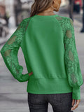 huidianyin Fashion Lace Stitching Knitwear Blouses Women Long Sleeve V Neck Tops Green Elegant Loose 3XL Hollow Out Clothes 24333