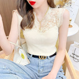 huidianyin Women Camisole Lace Blouse Sweet Hollow Casual Slim Sleeveless T-shirt V Neck Knitted Cotton Bottoming Shirt Korean Top 19411