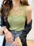 huidianyin Women Camisole Lace Blouse Sweet Hollow Casual Slim Sleeveless T-shirt V Neck Knitted Cotton Bottoming Shirt Korean Top 19411