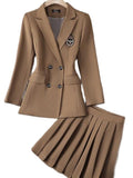 Huidianyin Loose Suit Pleated Skirt Two-Piece Set New Spring Autumn Jacket Blazer+Mini A-Line Skirts Loose 2 Piece Suit