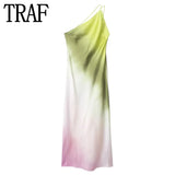 Huidianyin Tie Dye Long Dress Women Asymmertic Satin Backless Dress Woman Off Shoulder Sexy Evening Party Dresses Midi Summer Dresses