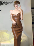 Huidianyin Pu Faux Leather Women Solid Strap Midi Dress Back Slit Bodycon Sexy Streetwear Party Club Festival 2023 Summer Clothes