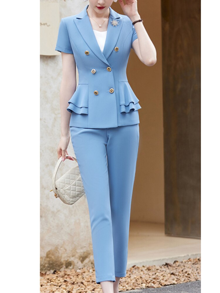 Huidianyin Women Fashion Business Trousers Suit Vintage Blue Blazer Jackets and Straight Pants 2 Pieces Female Chic Solid Clothings