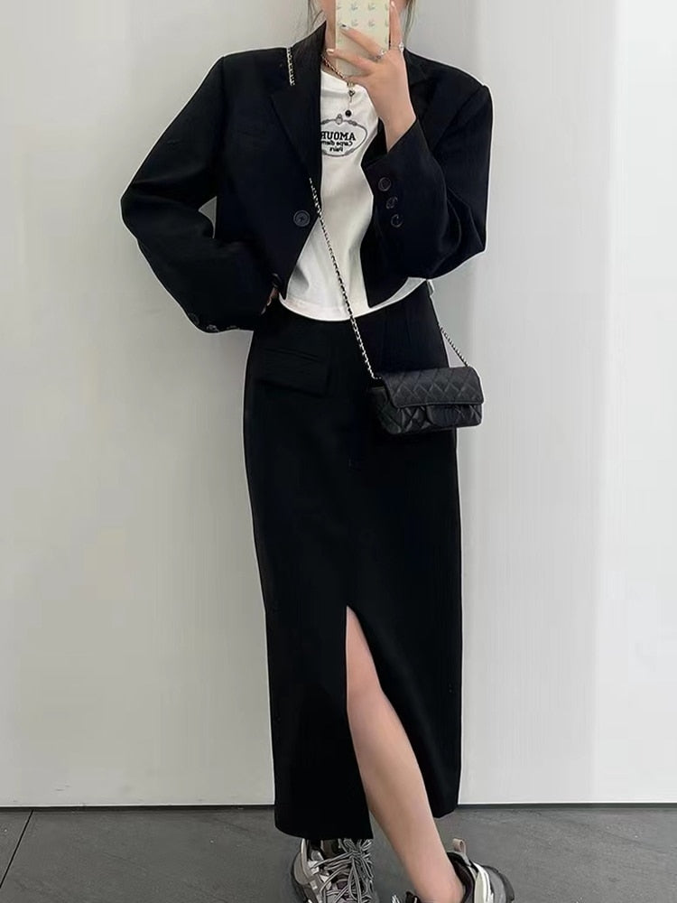 Huidianyin New Women Vintage Blazer Skirts Suit Casual Cropped Jackets High Waist Bodycon Saya 2 Pieces Set Female Fashion Clothes