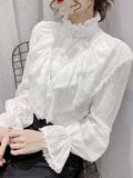 huidianyin Ruffle Stitching Elegant Lace Blouse Long Sleeve Loose Chiffon Shirts Korean Style Stand Collar Pleated Top Blusas 15832 912