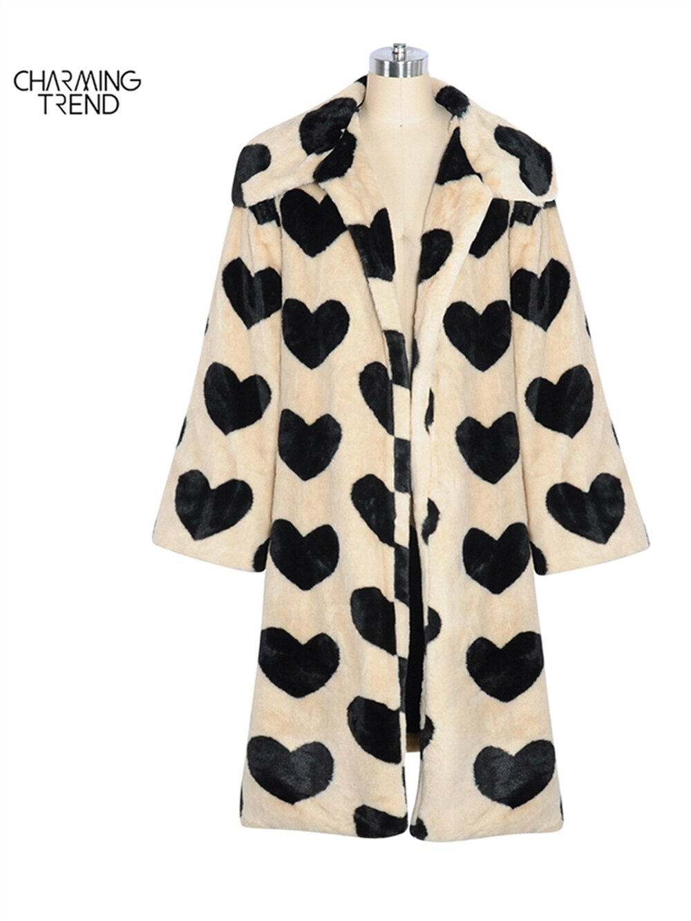 huidianyin Winter Women Warm Faux Fur Coat Love Pattern Women Long Coat Turn Down Collar Women Warm Plush Coat Classic Coat Loose