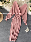 Huidianyin Elegant Knitted Sweater Dress Woman Vintage Slim Bodycon Party Prom Vestidos Female Fashion Solid Clothes Robe New