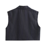 Huidianyin Blue Pinstripe Cropped Waistcoat Women Elegant Sleeveless Crop Blazer Jacket Chic Lady Vest Female 2023 New