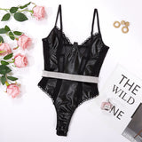 Huidianyin Lace Bodysuit Transparent Bra Latex Patchwork One Piece Bodys Sexy Leather Top Bodycon Crotchless Night Club Outfit