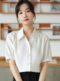 huidianyin Women Shirts V-neck Short Puff Sleeve Chiffon Thin Shirt 2023 Summer Loose Button Women Tops Blouses Solid Woman Clothes