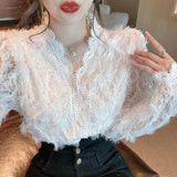 huidianyin V-neck Long Sleeve Lace Blouse Women Tops Tassel White Shirts Blusas Hollow Out Lace Flowers Ladies Blouses Shirts 16095