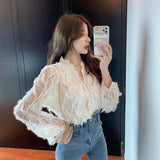 huidianyin V-neck Long Sleeve Lace Blouse Women Tops Tassel White Shirts Blusas Hollow Out Lace Flowers Ladies Blouses Shirts 16095