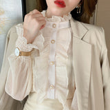 huidianyin Ruffle Lace Chiffon Shirt Elegant Sweet Chic Long Puff Sleeve Women Blouse Apricot Tops Stand Collar Clothes Blusas 13433