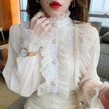 huidianyin Ruffle Lace Chiffon Shirt Elegant Sweet Chic Long Puff Sleeve Women Blouse Apricot Tops Stand Collar Clothes Blusas 13433