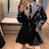 Huidianyin College Style 2 Piece Jacket Skirt Suit Women Spring Autumn Skirt WITH Belt+Streetwear Harajuku BF Casual Coat