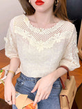 huidianyin Hollow Women Tops Summer French Style Sweet Blouse 2023 New Fashion Half Sleeve Clothes Apricot Lace Shirt Blusas 21217