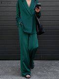 Huidianyin Women Long Sleeve Blazer Coat Sets 2023 Long Sleeve Shirts Wide Leg Pants Satin Loungewear Sets Office Lady Pants Sets