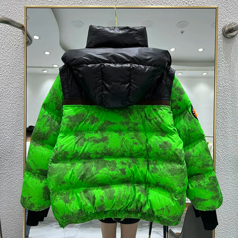Huidianyin Winter Warm Hooded Short color matching Women Down Jacket New 90% White duck down Loose camouflage Women's Puffer Coat