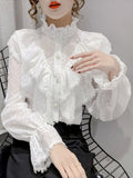 huidianyin Ruffle Stitching Elegant Lace Blouse Long Sleeve Loose Chiffon Shirts Korean Style Stand Collar Pleated Top Blusas 15832 912