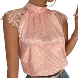 huidianyin Sexy Lace Blouses Summer Solid Pink Shirts 2023 Elegant Stand Collar Top Lady Loose Shirt Womens Blusas Mujer 26563