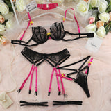 Huidianyin Erotic Lingerie Fancy Underwear Embroidery Transparent Bra And Panty Set 4-Pieces Bow-Knot Luxury Lace Sexy Outfits