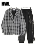 Huidianyin New Unisex 3 Piece Suits Streetwear Loose Plaid Vest+ jacket + Chain Cargo Pants Women