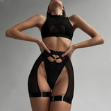 Huidianyin Sexy Lingerie Set Woman 3 Pieces Vest Top Seamless Underwear Garter Belt Set Thong Black Intimate Exotic Sets