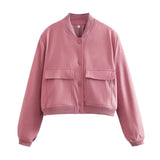 Huidianyin Pocket Bomber Jacket Women Long Sleeve Single Breated Short Coat 2023 Spring Ladies Fashion Coats Outerwears