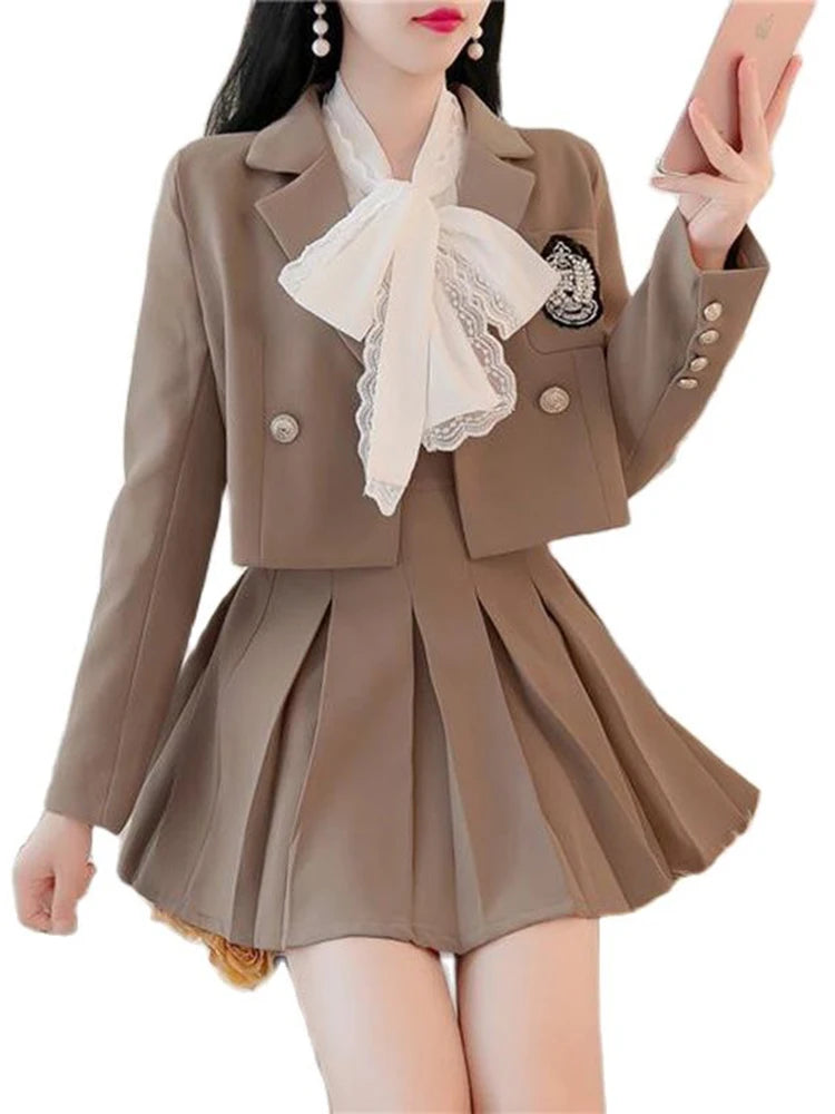 Huidianyin Summer Girl Two Piece Pleated Skirt Suit Streetwear College Harajuku A Line Skirt+Short Jacket High Waist Pleated Skirt